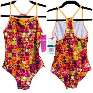 Speedo Girls Neon Pink Orange Funky Geo One Piece Beach Summer Swimsuit NWT 12